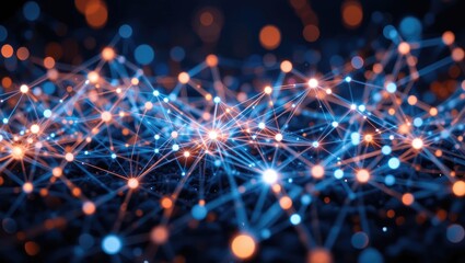 Abstract Glowing Network Connections with Blue and Orange Dots on Dark Background