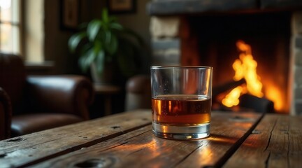 Aromatic amber spirit rests on rustic wood, fire's warm glow softly illuminating the scene.