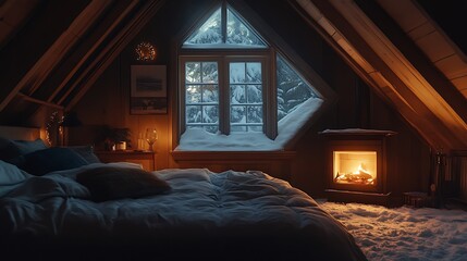 Cozy Winter Bedroom with Fireplace and Snow Covered Window