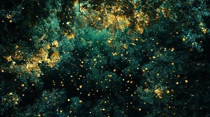A deep green forest scene illuminated by shimmering golden leaf patterns.