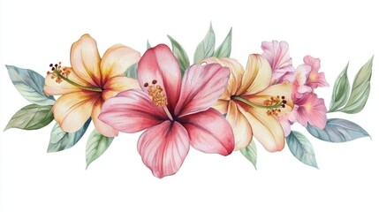 A delicate watercolor floral border featuring blooming lilies and hibiscus, ideal for wedding invitation designs.