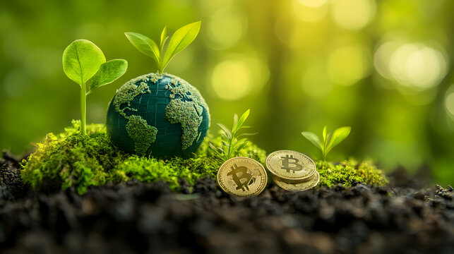 Sustainable Finance, The environmental impact of cryptocurrency and fostering eco-friendly digital asset management with plant and earth globe on moss bed