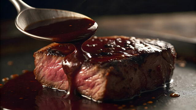 A perfectly seared steak drizzled with rich French Bordelaise sauce for a gourmet dining experience.