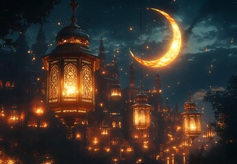 Serene Nighttime Scene with Illuminated Lanterns and Glowing Crescent Moon
