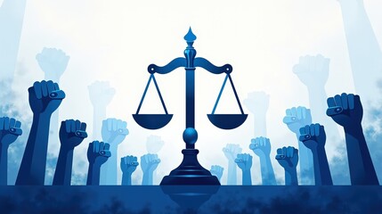 A stock illustration representing National security in blue and white, featuring sharp contrasts with metaphors of scales of justice and raised fists for visual impact.