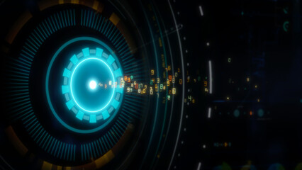 Futuristic Technology Data Interface with Digital Code Streams, High-Tech HUD Elements, Cyber Data Visualization, and Advanced Coding Patterns for Innovative Software and System Development