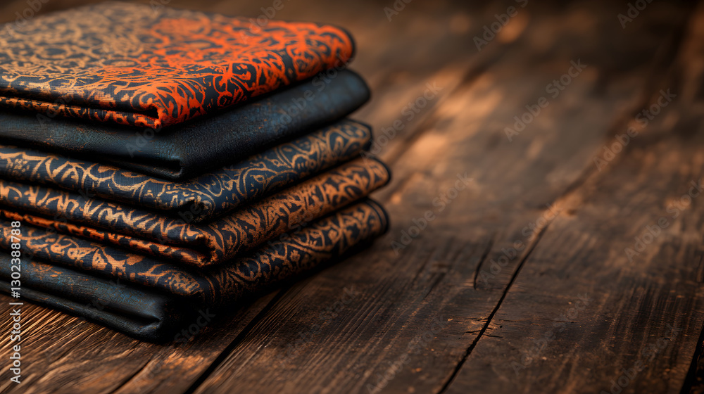 Poster folded fabrics with intricate patterns on a wooden surface