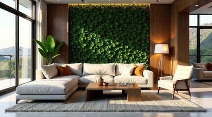 Modern Sectional Sofa with Living Wall and Natural Light in a Luxurious Living Room Setting