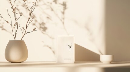 A sleek, minimalist mockup showcases a sophisticated yerba mate tea packaging design featuring elegant typography and a soft, calming background, evoking a sense of tranquility and natural elegance.