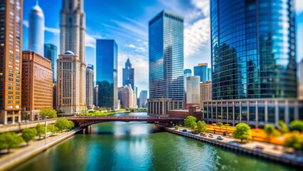 Chicago Skyscrapers, River, Tilt-Shift, Split Bridge, Sunny Day - Vertical Video Stock Photo
