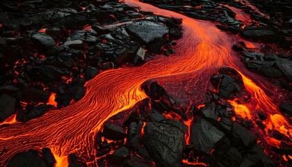 A High-Resolution Close-Up Texture of Molten Lava, Glowing Red-Hot Rivers with Solidified Black Rock, Intense Heat and Flow