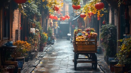 Fototapeta premium Misty alley, Chinese cart, autumn, lanterns, fruit