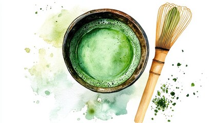 Watercolor of Matcha powder and green tea on background,tea whisk,View from above,The concept of levitation of making matcha green tea,healthy concept.