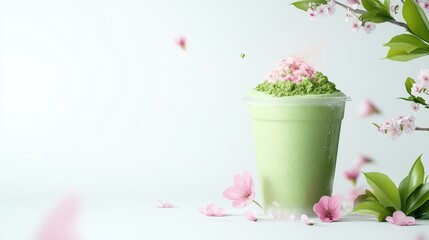 Matcha smoothie and sakura cherry blossom tree,spring season ,drink sweets for banners,Collection of matcha drinks with latte,menu popular japan,cards, flyers,wallpapers,copy space.