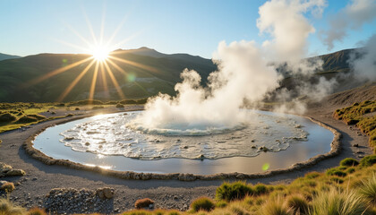 Geothermal energy production with steam rising at sunrise, clean power