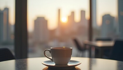 Fototapeta premium Coffee cup on table, cityscape backdrop, urban relaxation. 