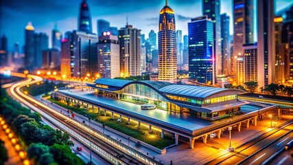 Obraz premium Chongqing Light Rail Station Skyline: Tilt-Shift Miniature Cityscape