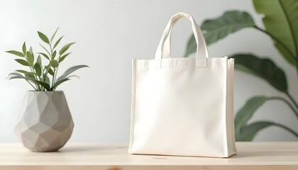Blank canvas tote mockup on a table with a decorative plant. photo.
