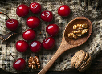 Vibrant cherries and nutritious walnuts presented on rustic textile