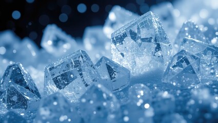 Close-up View of Sparkling Ice Crystals on a Frosty Surface with Blue Lighting and Texture