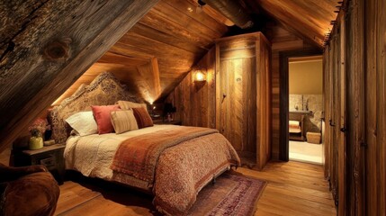 A cozy bedroom interior with wooden walls and rustic details