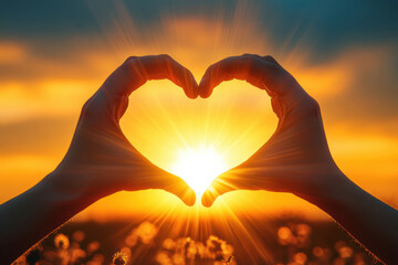 heart shape made by two hands against sunset backdrop, symbolizing love and warmth. sun rays create beautiful glow, enhancing emotional expression of moment