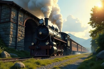 Obraz premium A Majestic Steam Locomotive Exits a Stone Tunnel, Embarking on a Scenic Journey Through Verdant Hills Under a Golden Sunset