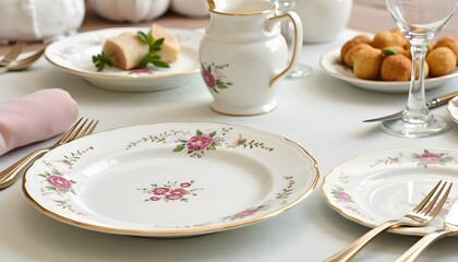 Elegant table setting with delicate floral themed dishes. photo.

