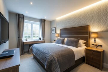 Modern hotel bedroom with king-size bed, window, and TV.