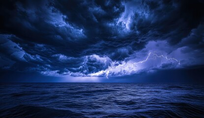 Dramatic Lightning Strikes Over Dark Ocean Waves During Stormy Night Sky with Intense Clouds and Electric Atmosphere