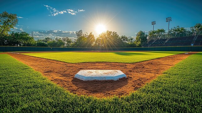  Sunlit high school baseball field with bright white bases neatly arranged. The lush green outfield contrasts beautifully with the carefully groomed infield.