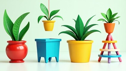Obraz premium Colorful Potted Plants Modern Home Decor Minimalist Still Life Green Foliage Indoor Plants