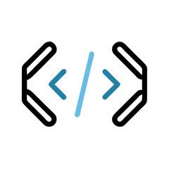 Obraz premium An outlined code symbol with brackets and blue slash, representing software development, programming languages, HTML or CSS code 