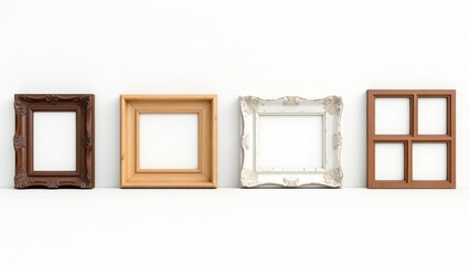Four Empty Picture Frames Ornate Simple Styles Mockup White Background Home Decor