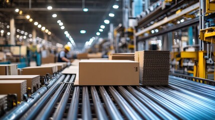  Cardboard box manufacturing plant with massive sheets being cut and folded into packaging, their flat forms quickly taking shape through automated presses in a factory.