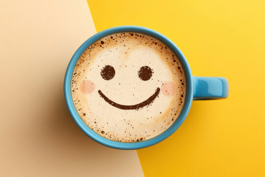 Coffee cup with smiley face foam on top, bright yellow background, cheerful and inviting