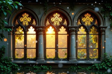 Obraz premium Enchanted Garden Vista Serene Sunset Through Ornate Gothic Windows Reflecting on Still Water