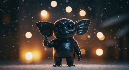 Naklejka premium Charming black figurine of a small creature in a snowy landscape illuminated by blurred lights at night. Generative AI