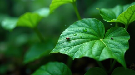 A tiny insect rests on a dew-kissed vibrant green leaf, surrounded by lush foliage in a tranquil natural setting