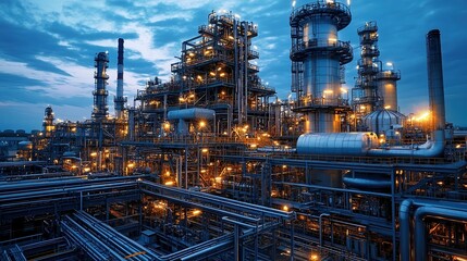 Fototapeta premium Massive oil refinery with towering metal structures glowing under evening lights. Industrial complexity and energy production highlighted against deep blue sky.