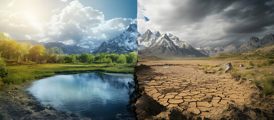 Visualizing Climate Change, A Juxtaposition of Lush Landscapes and Arid Deserts Highlighting the Urgent Need for Environmental Action and Sustainable Solutions