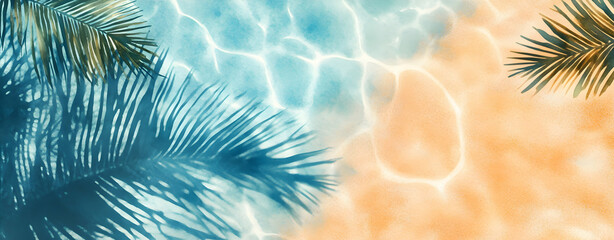 Watercolor Tropical Paradise, An Abstract View of Palm Fronds Casting Shadows on a Shimmering Beach, Evoking Serenity and Island Life