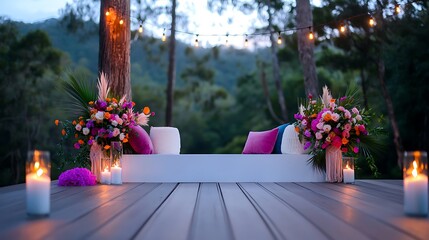 Fototapeta premium Bohemian Rustic Wedding Stage Decor with Colorful Floral Arrangements and Macrame