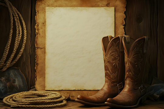 Western-themed blank parchment background featuring cowboy boots and a rope, offering a rustic template for invitations or promotional material, 100-150 characters