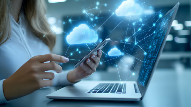 Woman using mobile with cloud computing icons overlay, showcasing connectivity and seamless data transfer across devices in modern digital workplace