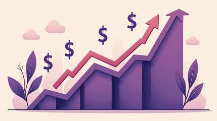 A stock illustration representing Economic growth in purple and soft beige, with layered imagery and metaphors of dollar signs and rising arrows