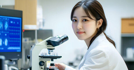 Young Female Scientist Conducting Medical Research in a Modern Laboratory with Advanced Microscopes and Computerized Data Analysis Systems for Healthcare Advancements