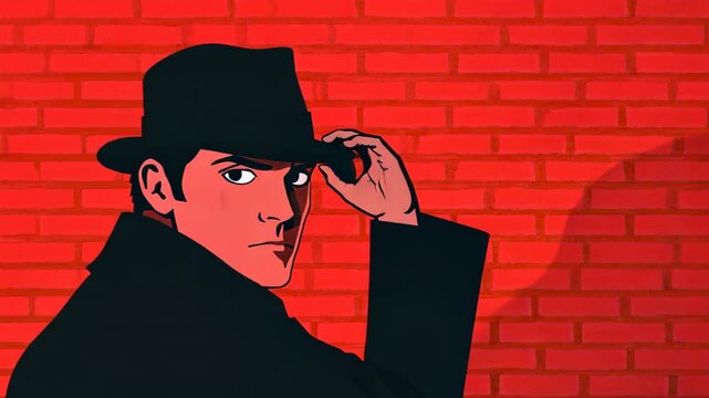 Retro Comic Illustration of Man in Black Hat Against Red Brick Wall with Vintage Style and Noir Theme