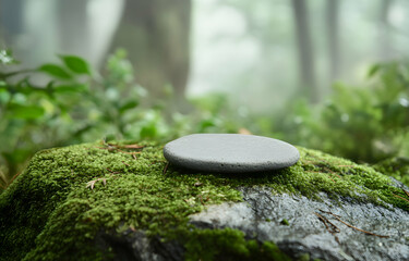 Zen Stone on Mossy Rock in Misty Forest, Serene Nature Scene for Meditation and Tranquility, Symbolizing Balance and Harmony in Natural Environment