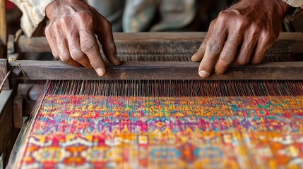  Skilled artisan weaving an intricate textile on a traditional loom, highlighting craftsmanship, cultural heritage, and handmade artistry.